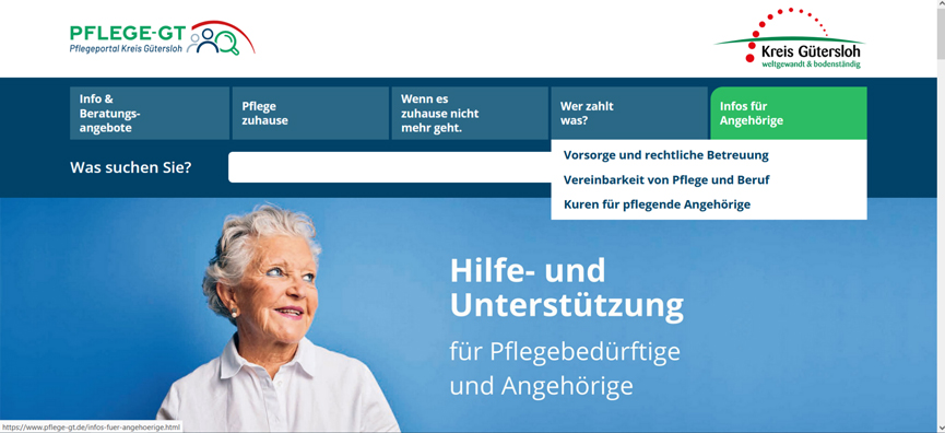 Das Pflegeportal des Kreises Gütersloh, online aufrufbar unter www.pflege-gt.de, hat ein neues Aussehen. Foto: Screenshot Kreis Gütersloh